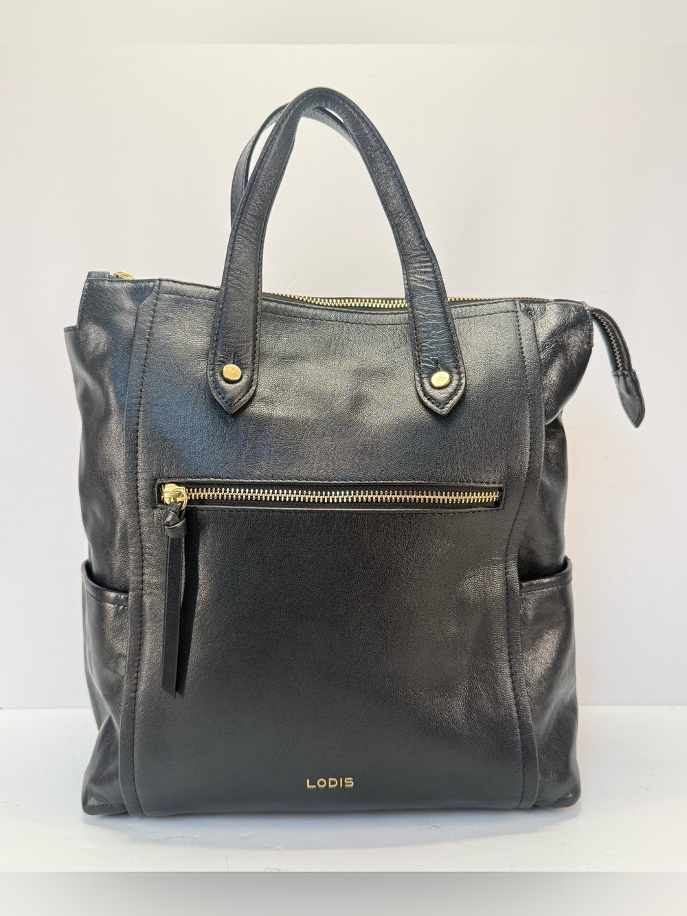 LODIS Black Leather Catalina Backpack Tote with Gold-Tone Accents